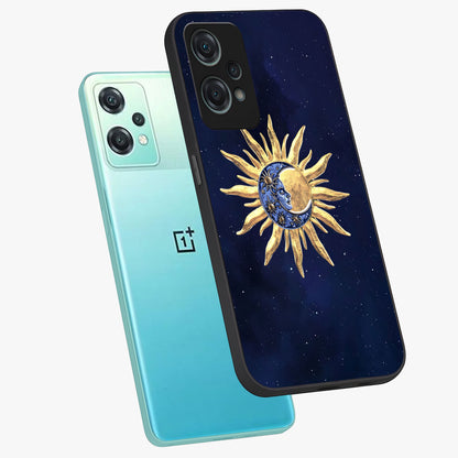 Eternal Cosmic Balance Glass Case for 1+Nord Ce 2 Lite angled mockup showcasing glossy finish and celestial gradient tones