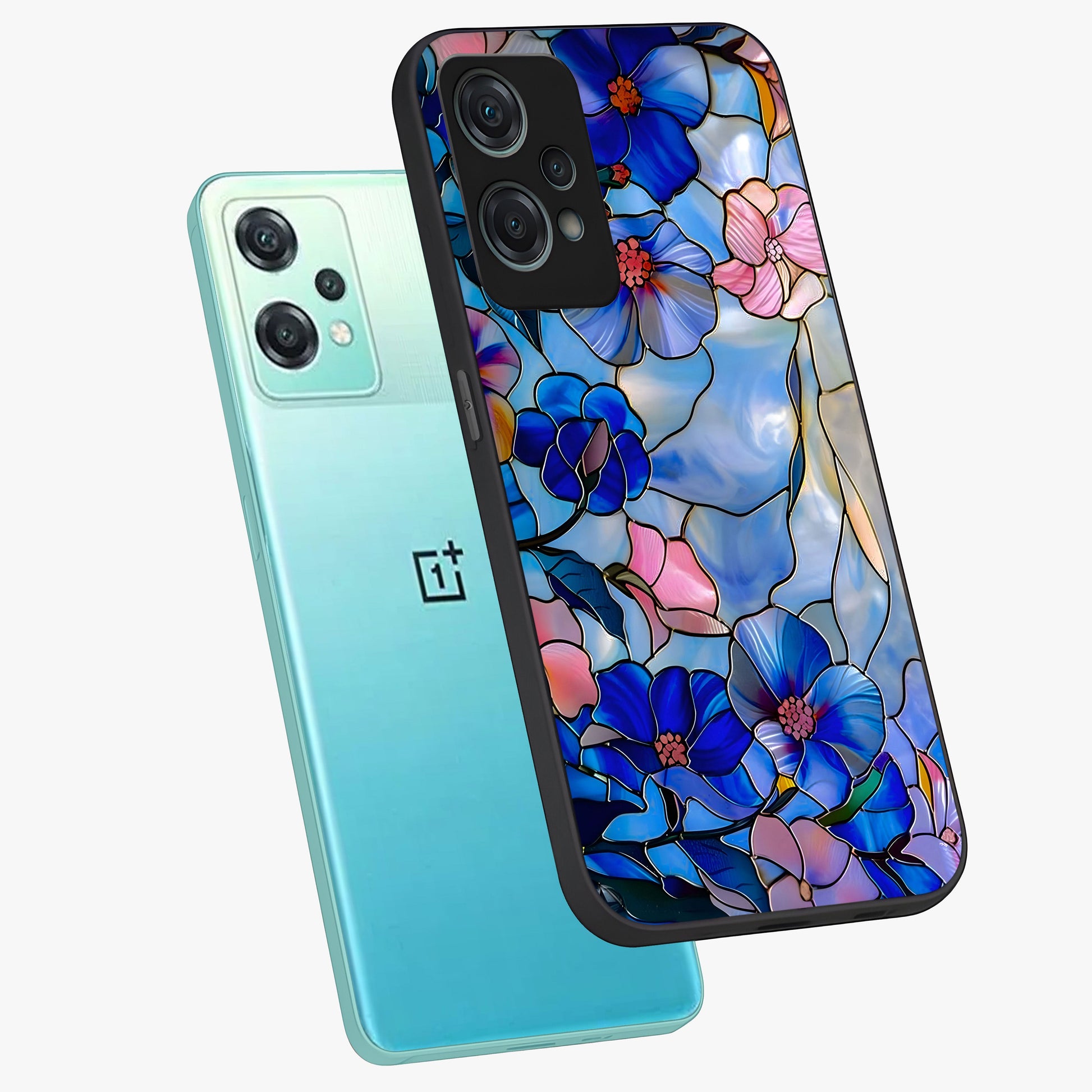Eternal Floral Stained Glass Case for 1+Nord Ce 2 Lite angled mockup showcasing glossy finish and vibrant mosaic textures