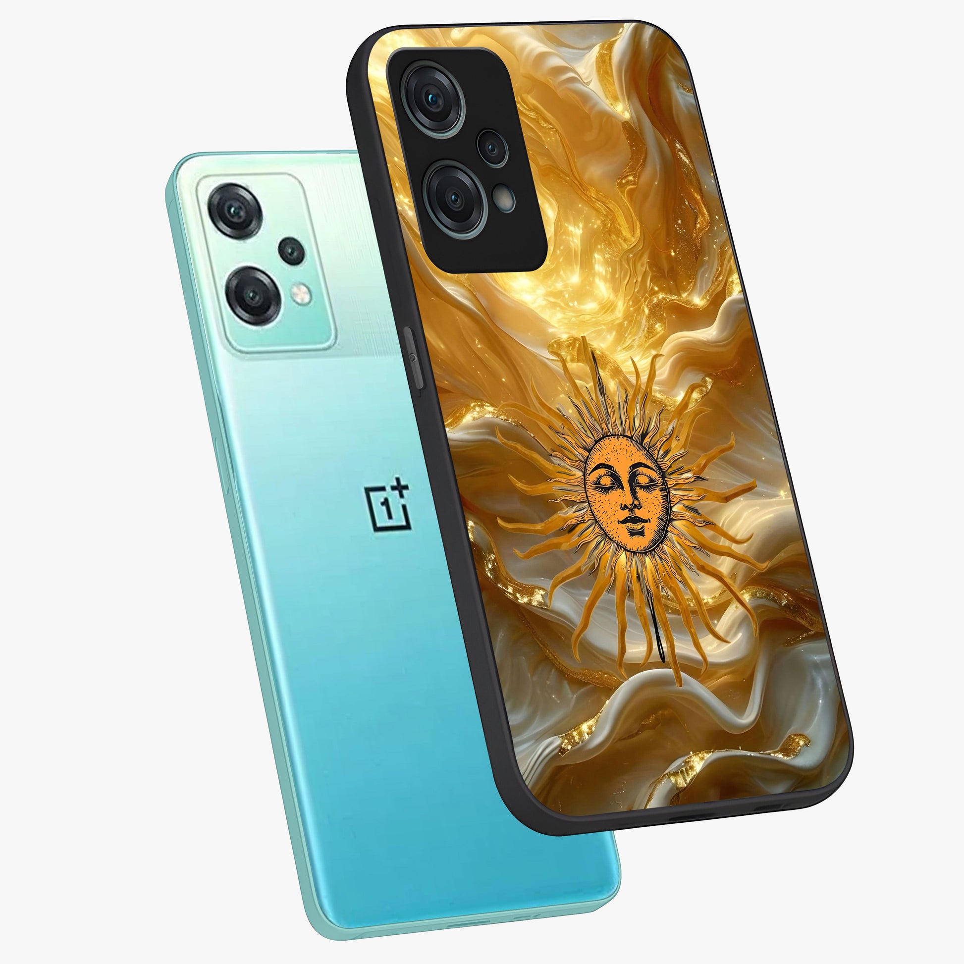 Eternal Golden Glow Glass Case for 1+Nord Ce 2 Lite angled mockup showcasing glossy glass finish and luminous gold tones