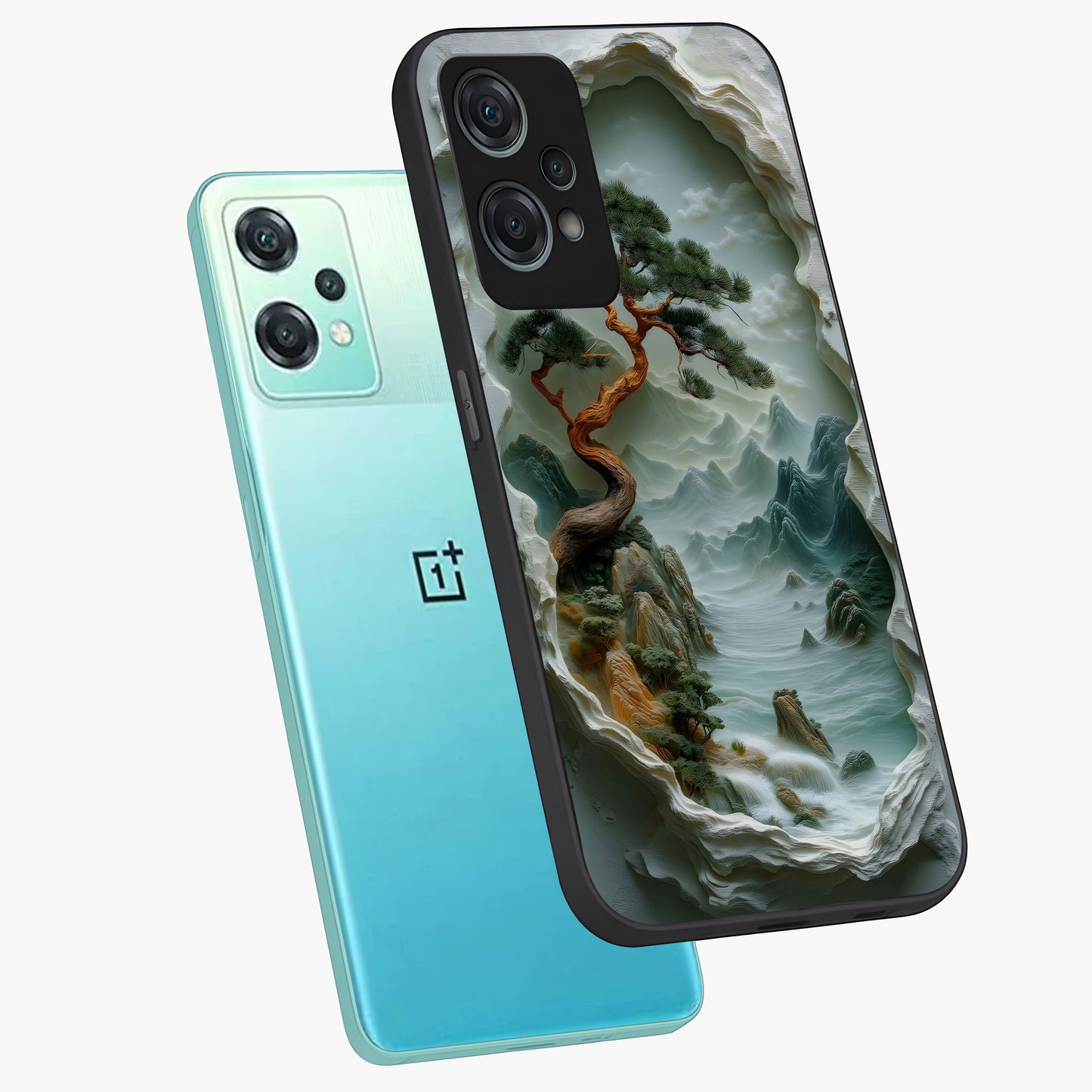 Eternal Nature Spirit Glass Case for 1+Nord Ce 2 Lite angled mockup showcasing glossy finish and calming botanical tones