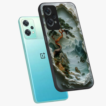 Eternal Nature Spirit Glass Case for 1+Nord Ce 2 Lite angled mockup showcasing glossy finish and calming botanical tones