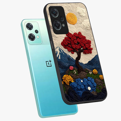 Eternal Nature Tapestry Glass Case for 1+Nord Ce 2 Lite angled mockup showcasing glossy finish and detailed botanical patterns