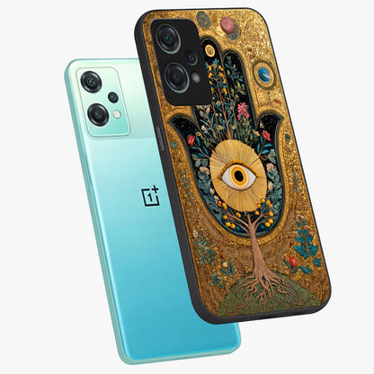 Ethereal Evil Eye Glass Case for 1+Nord Ce 2 Lite angled mockup showcasing glossy finish and celestial blue tones
