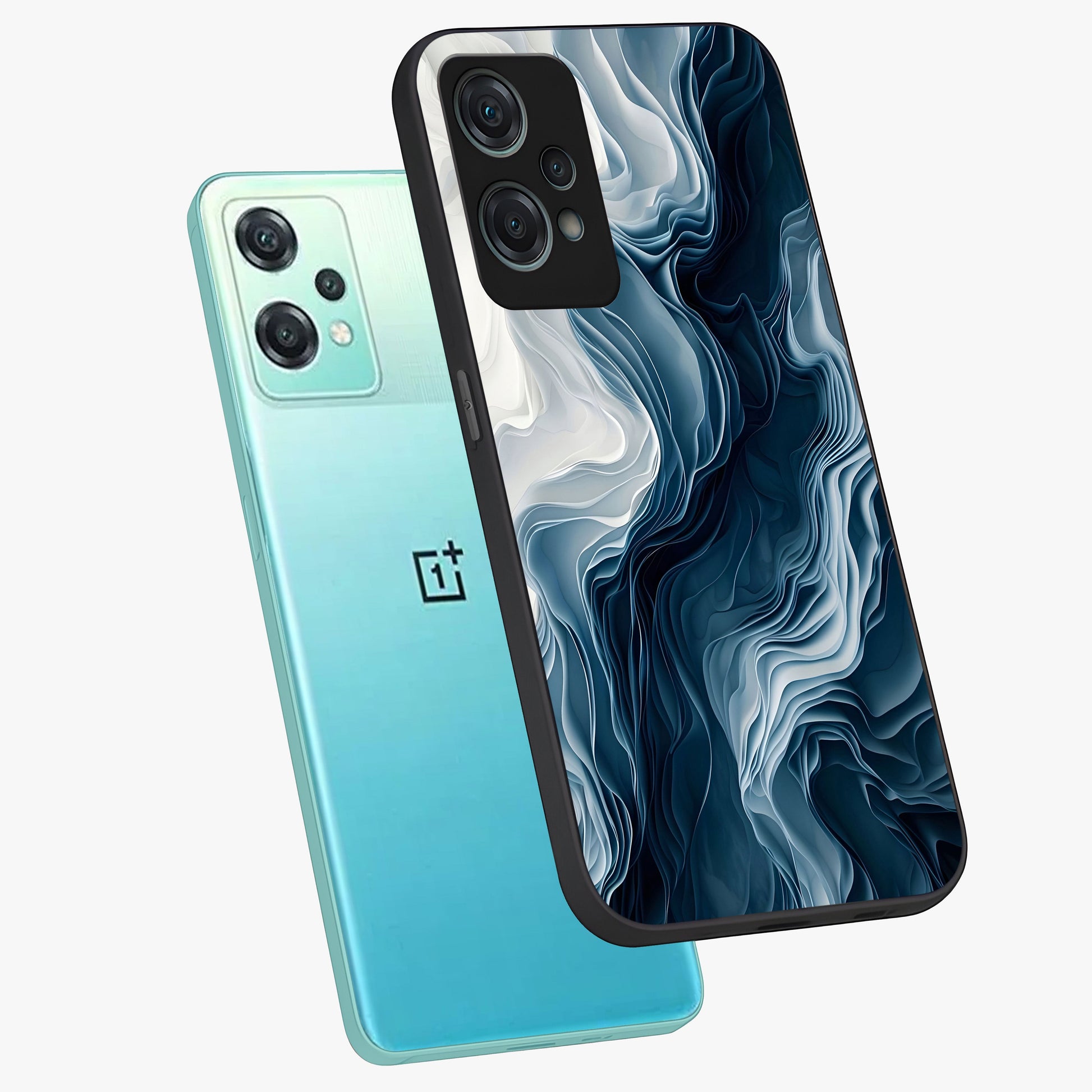 Ethereal Paper Marble Glass Case for 1+Nord Ce 2 Lite angled mockup showcasing glossy finish and soft blended textures