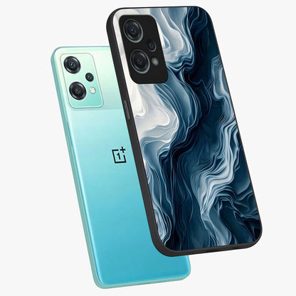 Ethereal Paper Marble Glass Case for 1+Nord Ce 2 Lite angled mockup showcasing glossy finish and soft blended textures