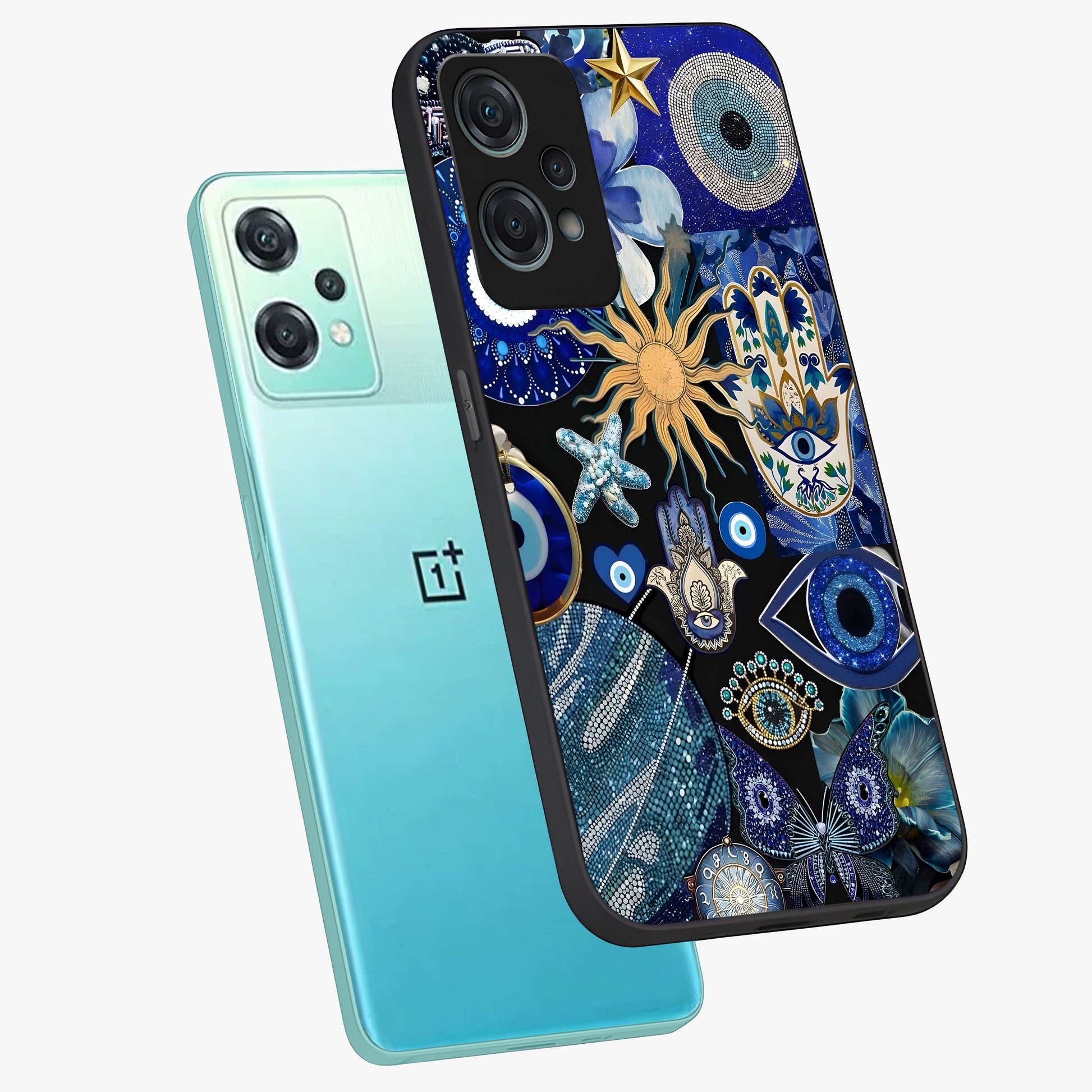 Evil Eye Charm Mix Glass Case for 1+Nord Ce 2 Lite angled mockup showcasing glossy finish and bold blue tones