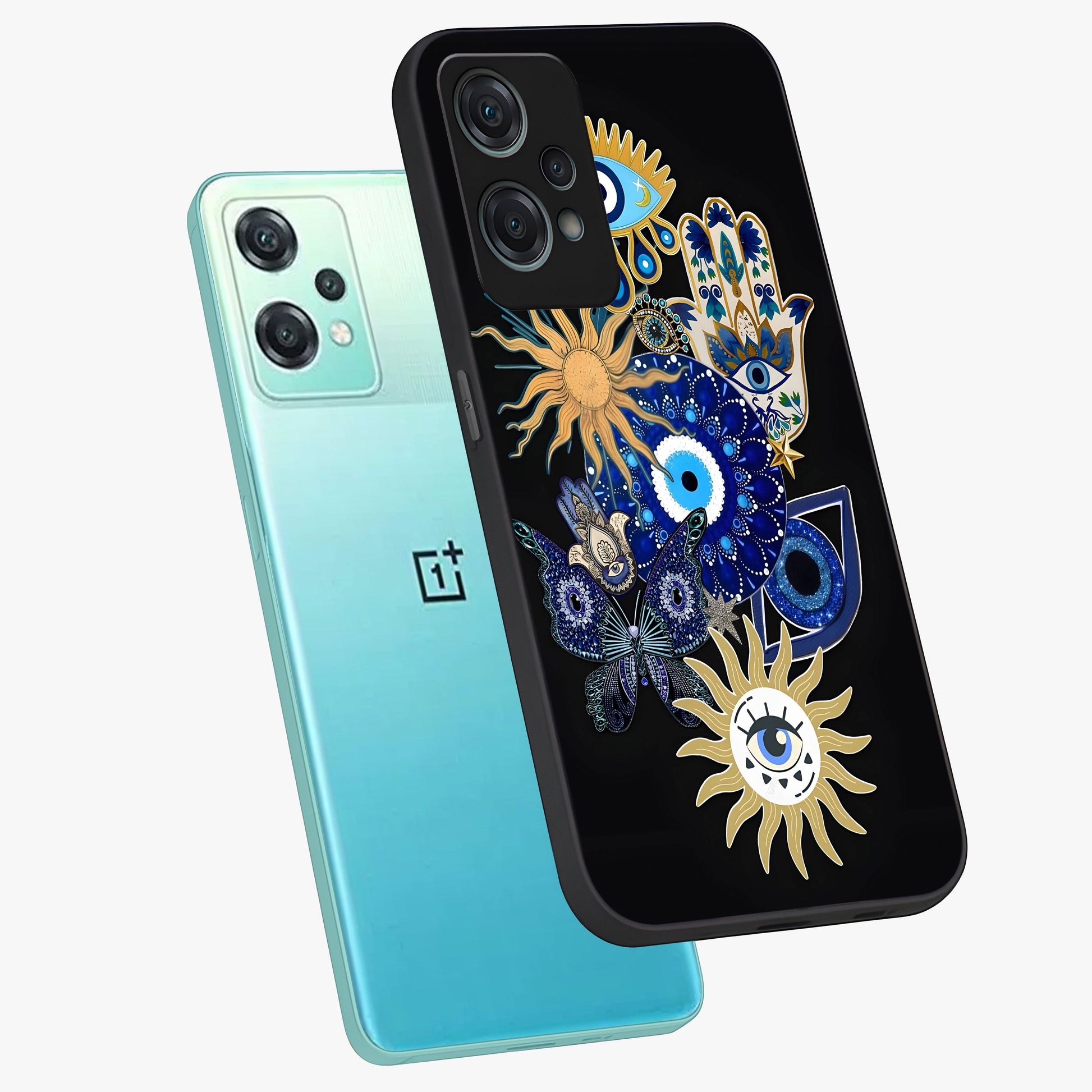 Evil Eye Charm Vibes Glass Case for 1+Nord Ce 2 Lite angled mockup showcasing glossy finish and protective symbol detailing