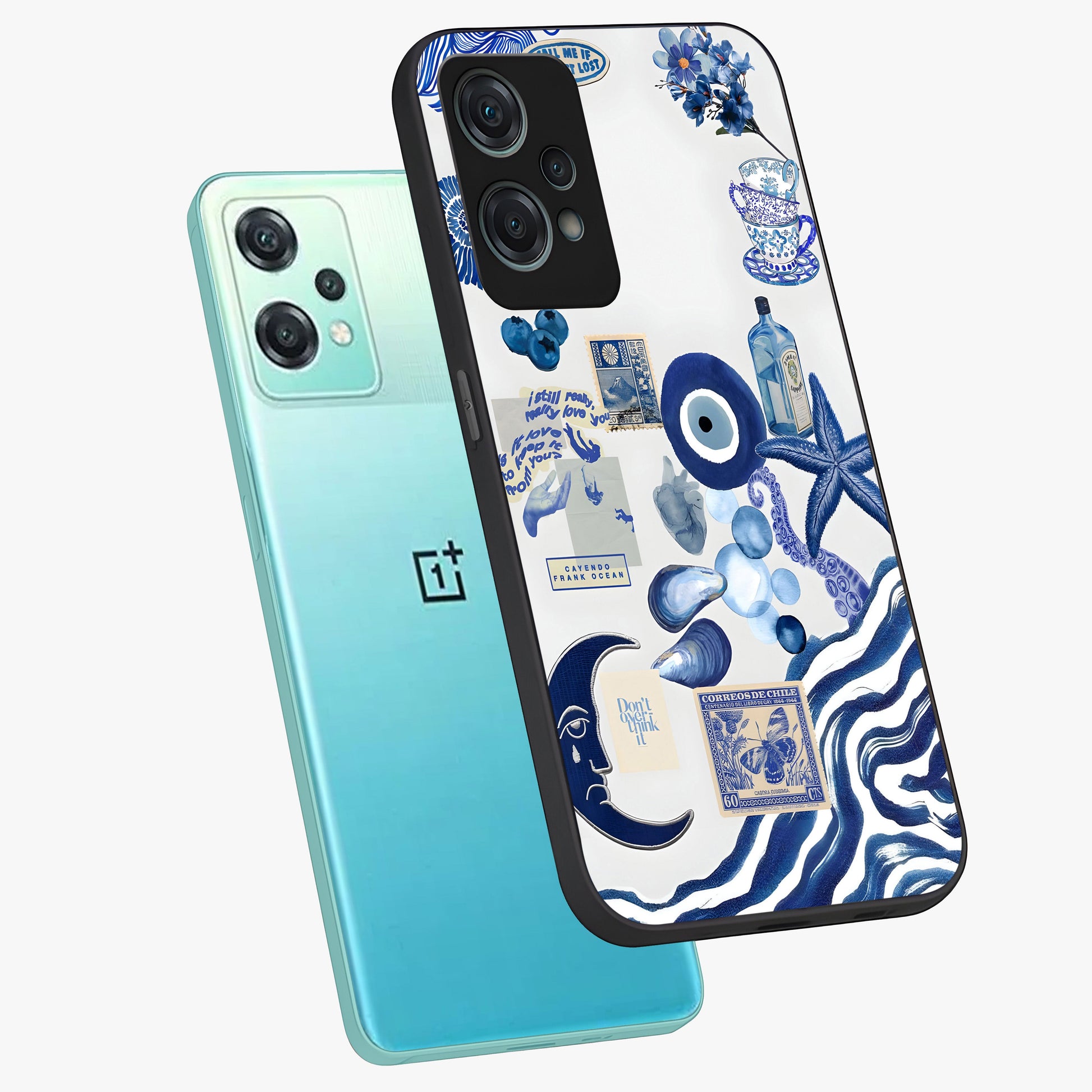 Evil Eyes Dark Blue Glass Case for 1+Nord Ce 2 Lite angled mockup showcasing glossy finish and rich navy tones