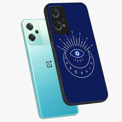 Evil Eye With Blue Themed Collage Glass Case for 1+Nord Ce 2 Lite angled mockup showcasing glossy finish and layered blue textures