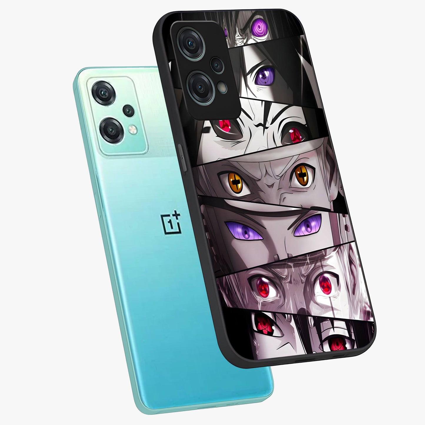 Eyes of Destiny Glass Case for 1+Nord Ce 2 Lite angled mockup showcasing glossy glass finish and intense detailing