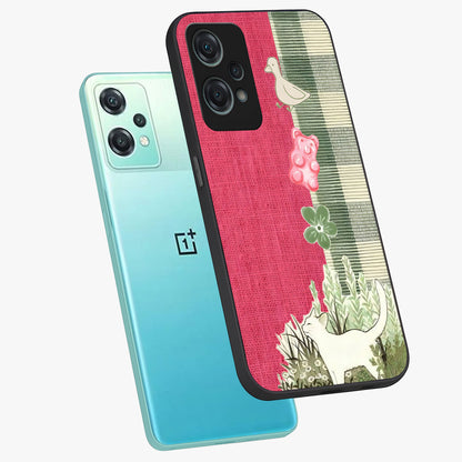 Fabric Patterns Glass Case for 1+Nord Ce 2 Lite angled mockup showcasing glossy finish and intricate fabric detailing