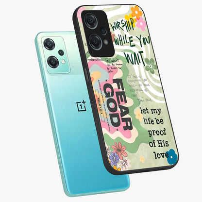 Faith Over Fear Glass Case for 1+Nord Ce 2 Lite angled mockup showcasing glossy finish and clean modern design