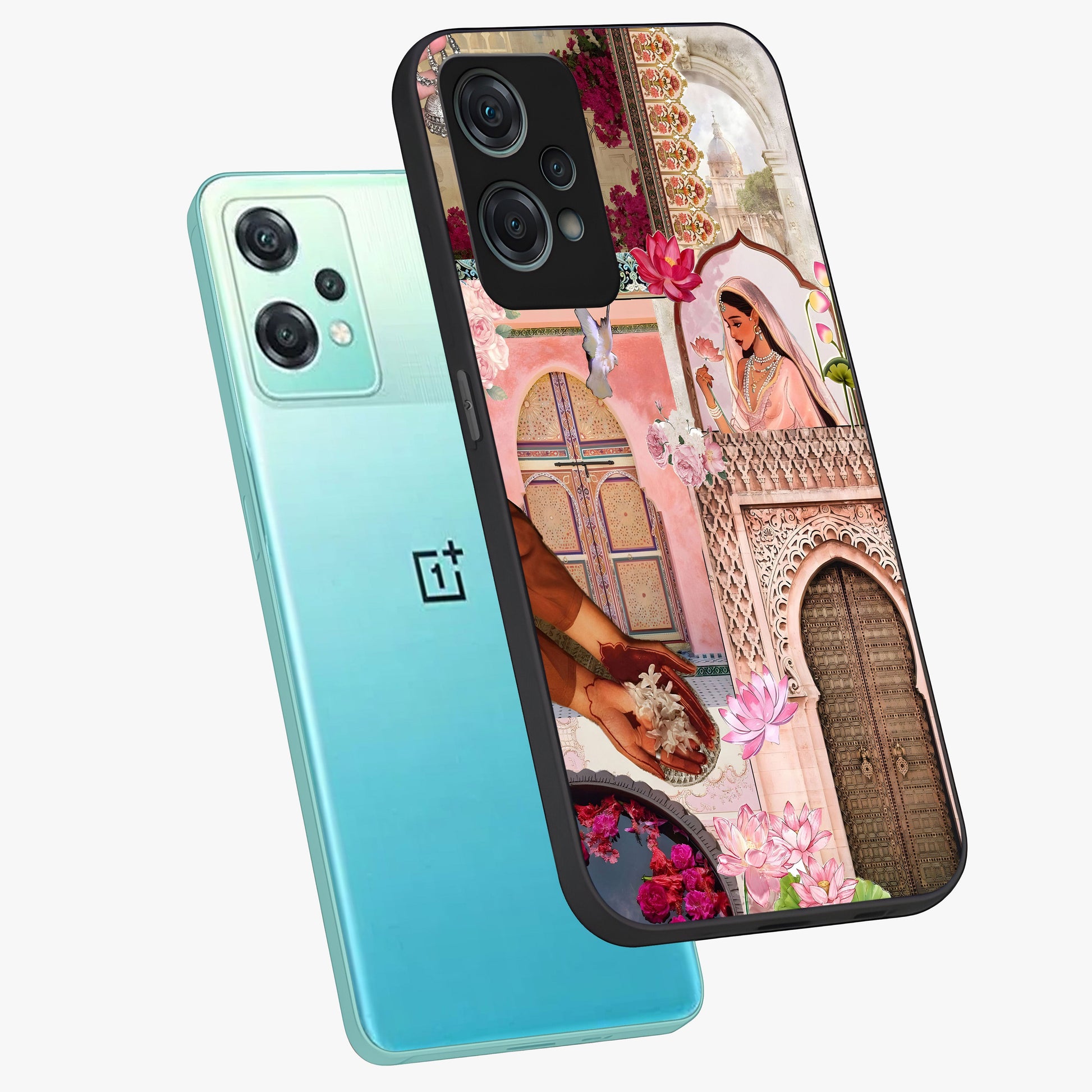 Floral Courtyard Muse Glass Case for 1+Nord Ce 2 Lite angled mockup showcasing glossy finish and delicate bloom detailing