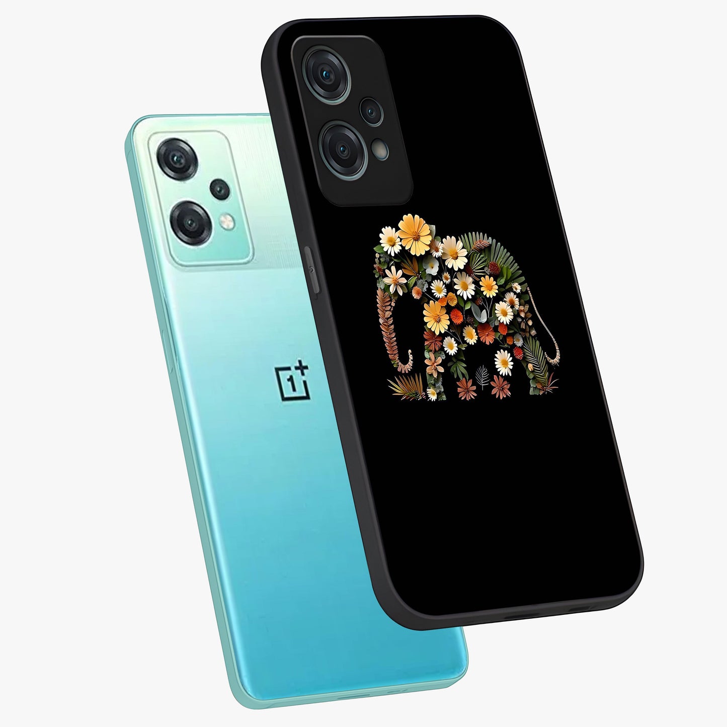 Floral Elephant Glass Case for 1+Nord Ce 2 Lite angled mockup showcasing glossy finish and vibrant cultural tones