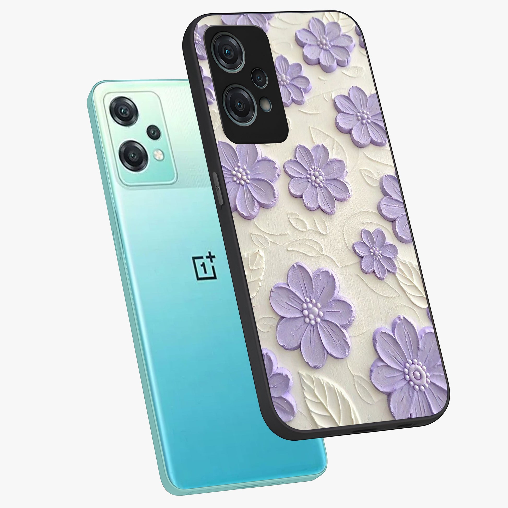 Floral Wall Art With Purple Flowers Glass Case for 1+Nord Ce 2 Lite angled mockup showcasing glossy finish and rich violet tones