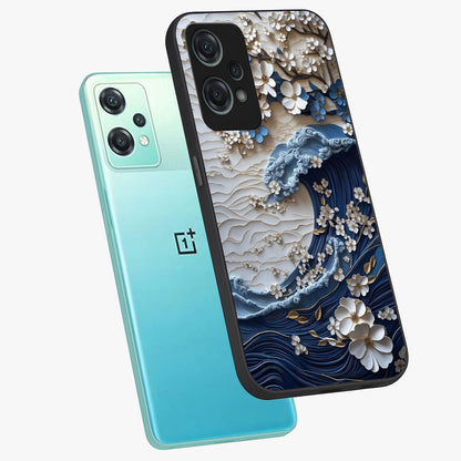 Floral Wave Origami Glass Case for 1+Nord Ce 2 Lite angled mockup showcasing glossy glass finish and geometric bloom detailing