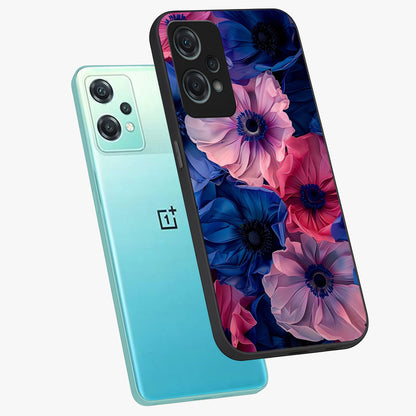 Flower Paper Art Pattern Glass Case for 1+Nord Ce 2 Lite angled mockup showcasing glossy finish and textured paper detailing