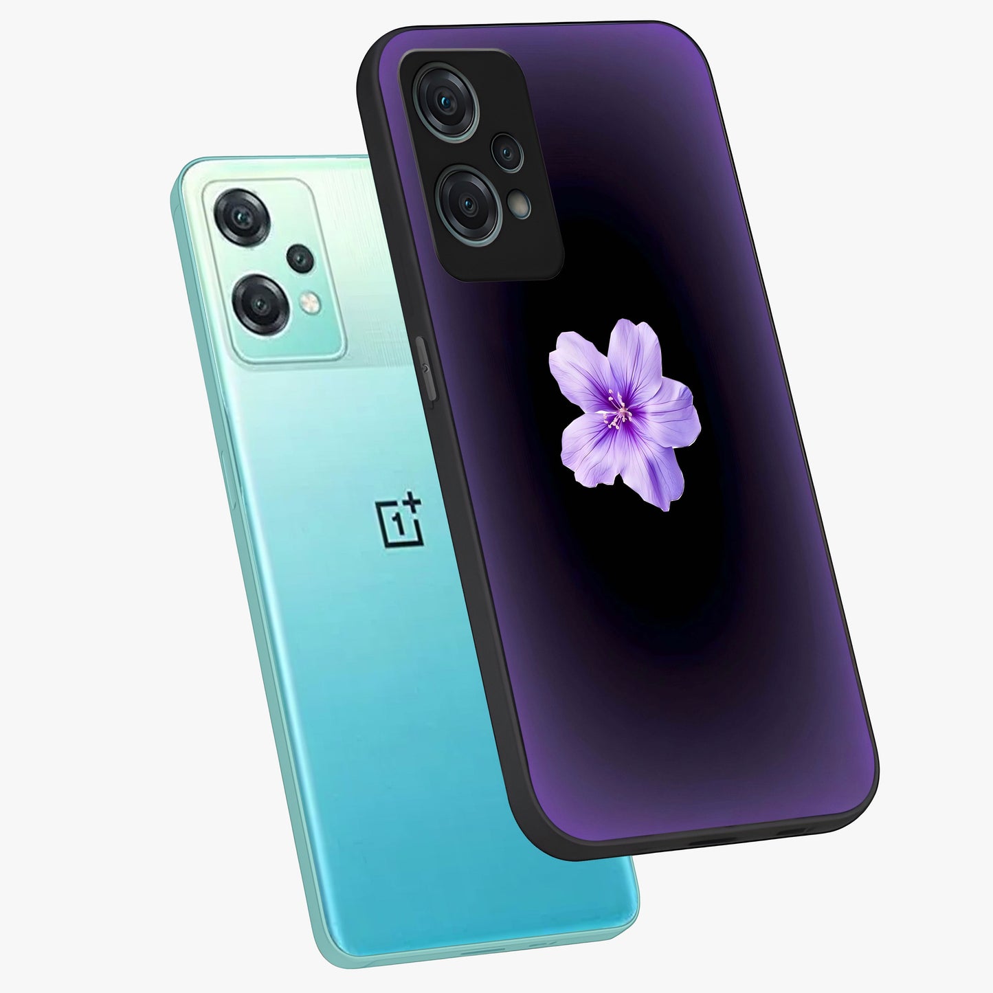 Flower on Soft Violet Gradient Glass Case for 1+Nord Ce 2 Lite angled mockup showcasing glossy finish and pastel purple tones