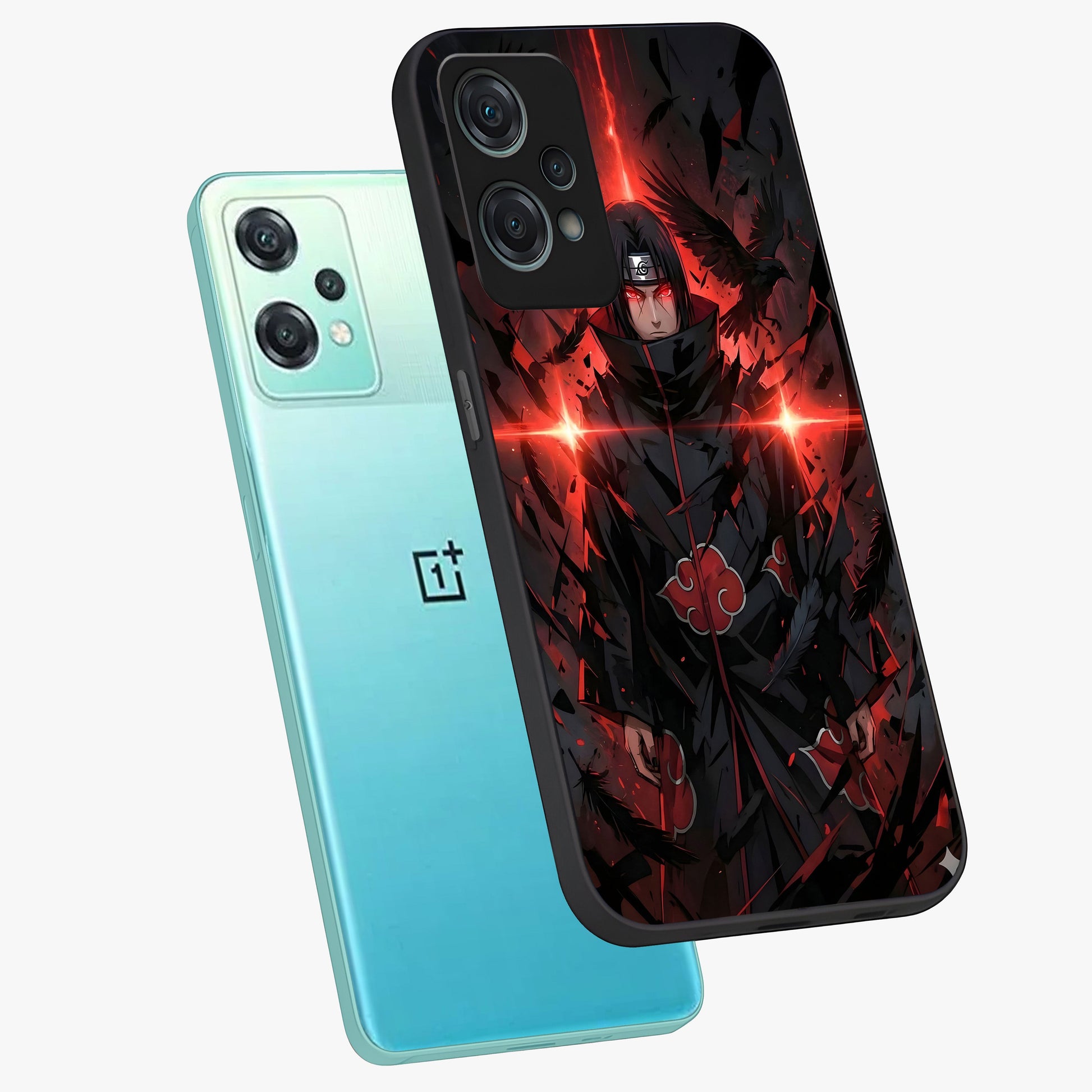 Focused Blade Discipline Glass Case for 1+Nord Ce 2 Lite angled mockup showcasing glossy finish and intense warrior detailing