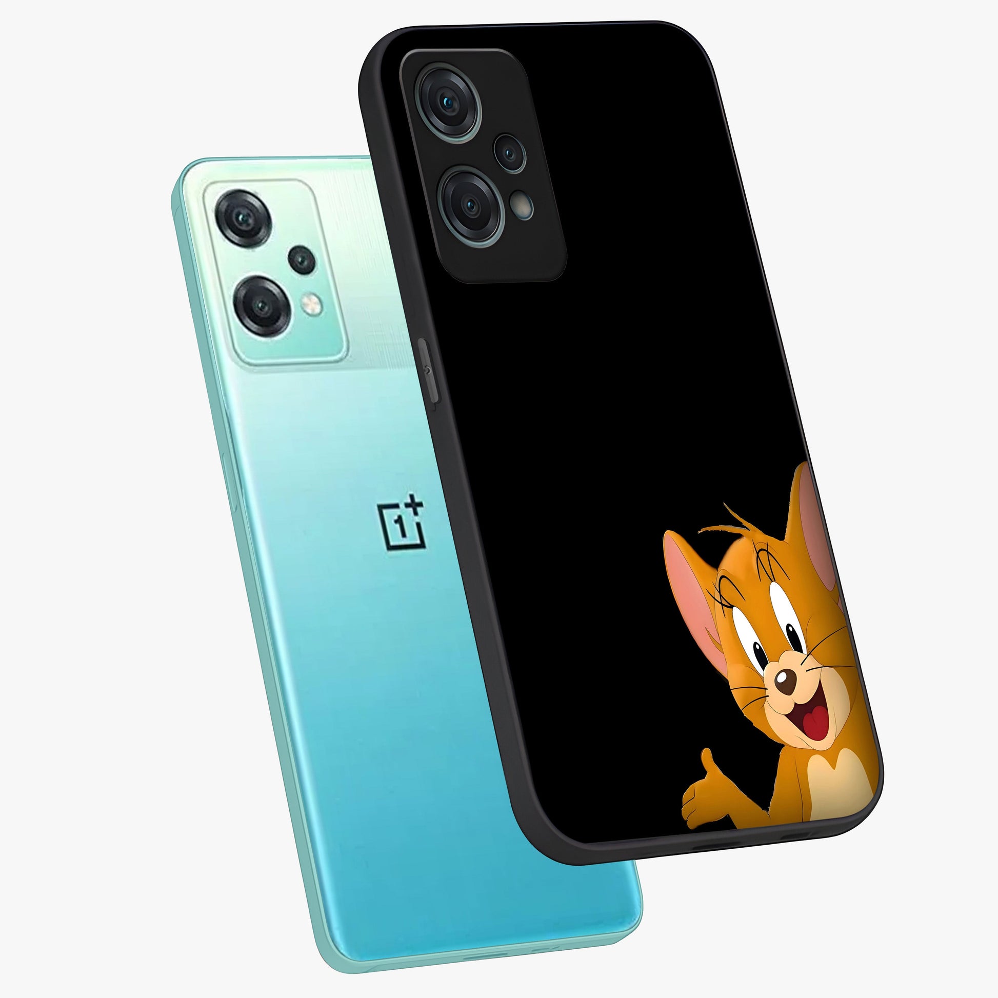 Forever Chasing Love Jerry Glass Case for 1+Nord Ce 2 Lite angled mockup showcasing glossy finish and vibrant character detailing