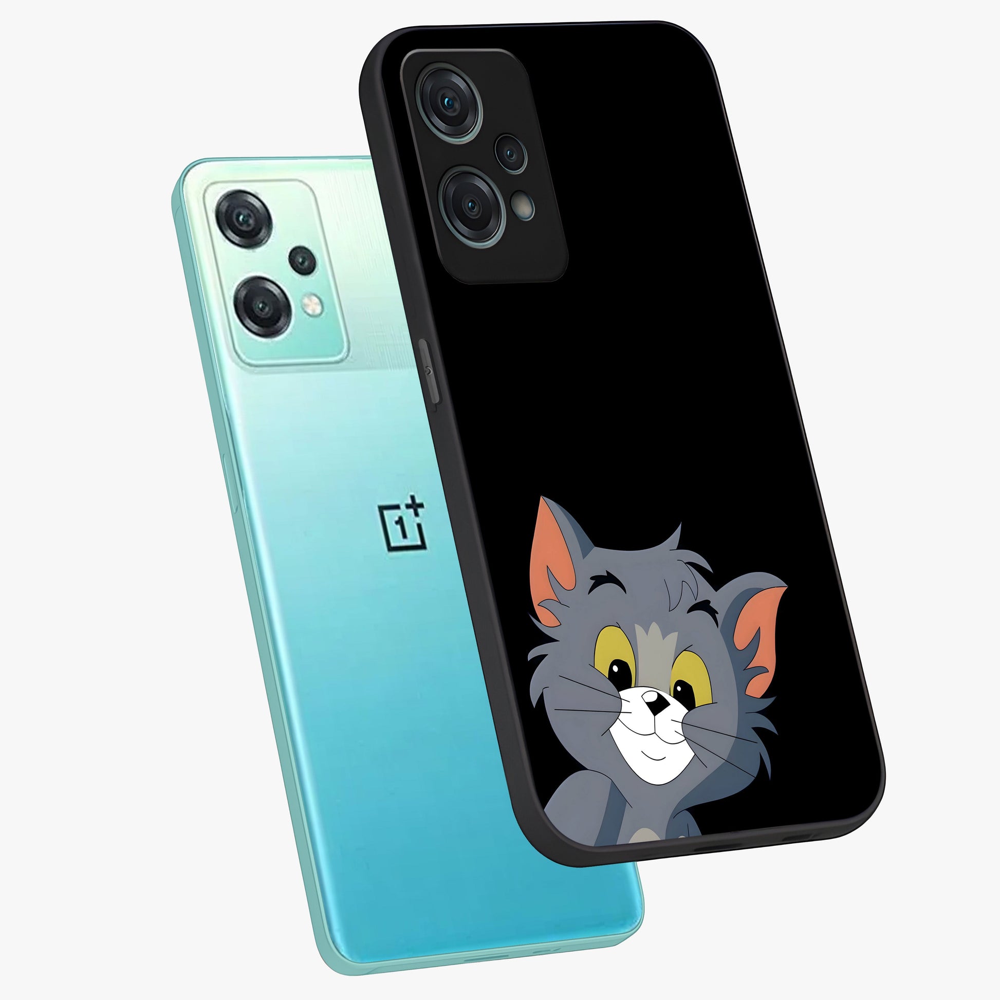 Forever Chasing Love Tom Glass Case for 1+Nord Ce 2 Lite angled mockup showcasing glossy finish and lively cartoon detailing