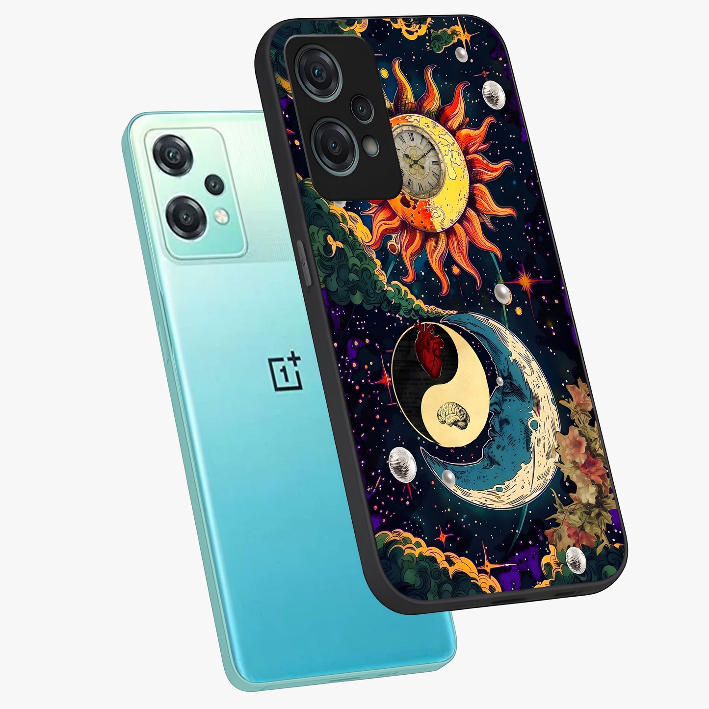 Future Universe Glass Case for 1+Nord Ce 2 Lite angled mockup showcasing glossy finish and vibrant space tones