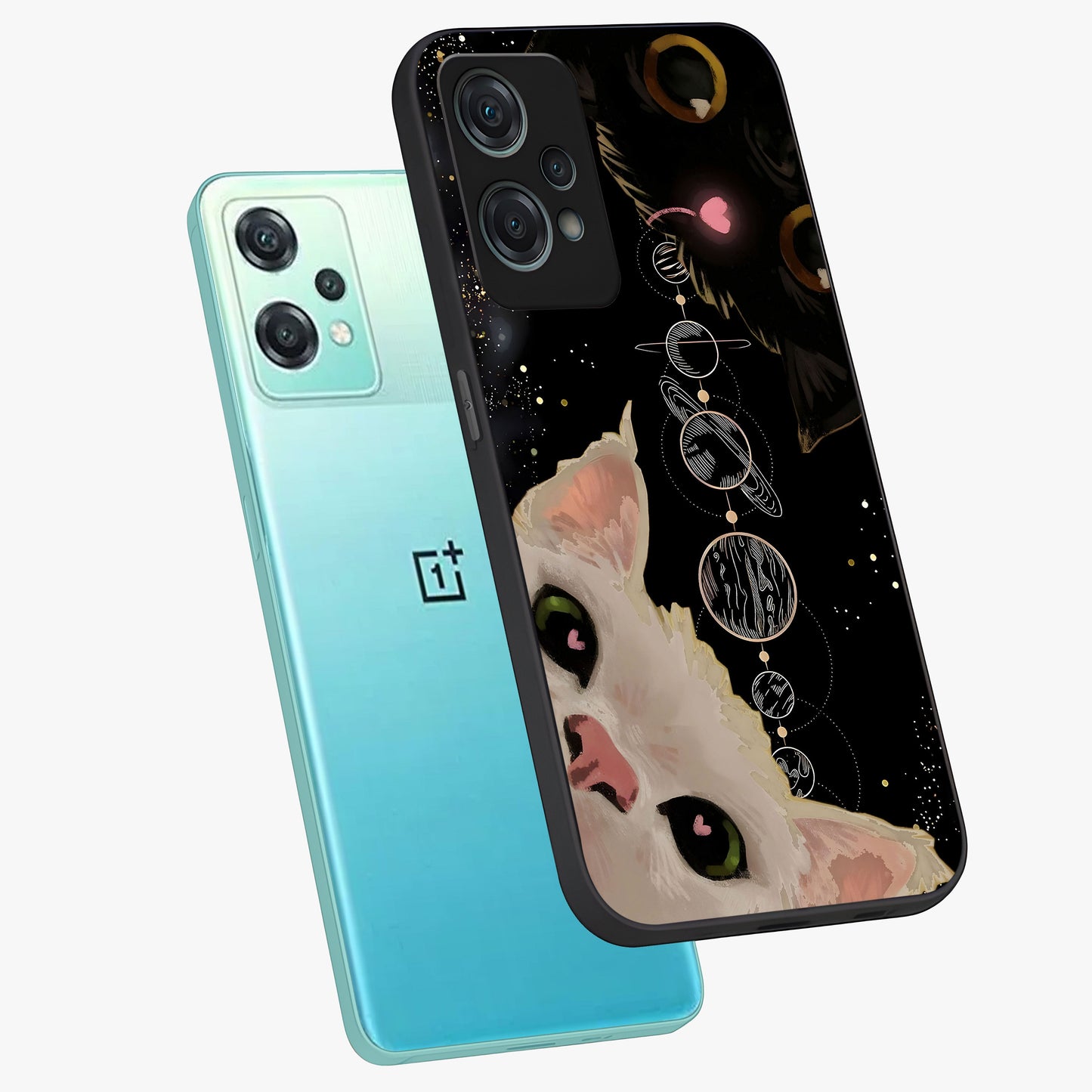 Galactic Cat Glass Case for 1+Nord Ce 2 Lite angled mockup showcasing glossy finish and luminous space detailing