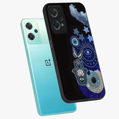 Galactic Charm Cluster Glass Case for 1+Nord Ce 2 Lite angled mockup showcasing glossy finish and vibrant star detailing