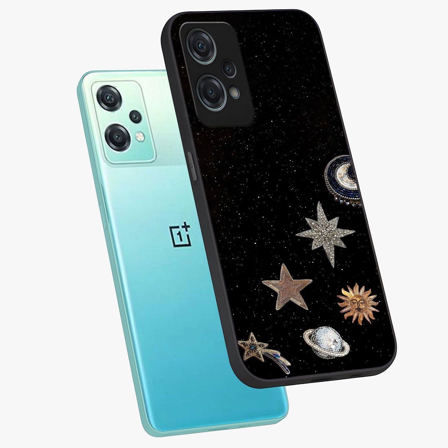 Galactic Charm Glow Glass Case for 1+Nord Ce 2 Lite angled mockup showcasing glossy glass finish and luminous galaxy tones