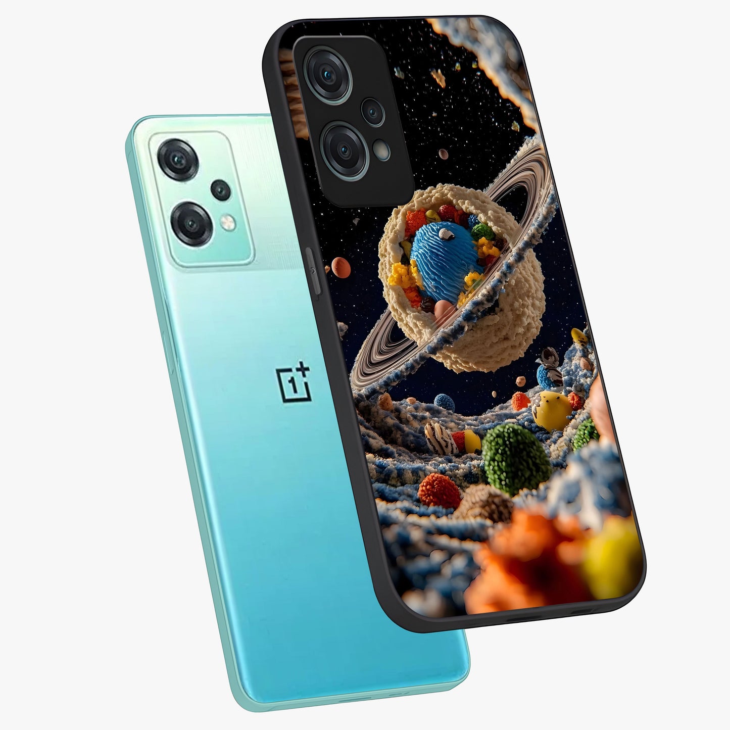 Galactic Dessert Dream Printed Glass Case for 1+Nord Ce 2 Lite angled mockup showcasing glossy finish and colorful galaxy tones
