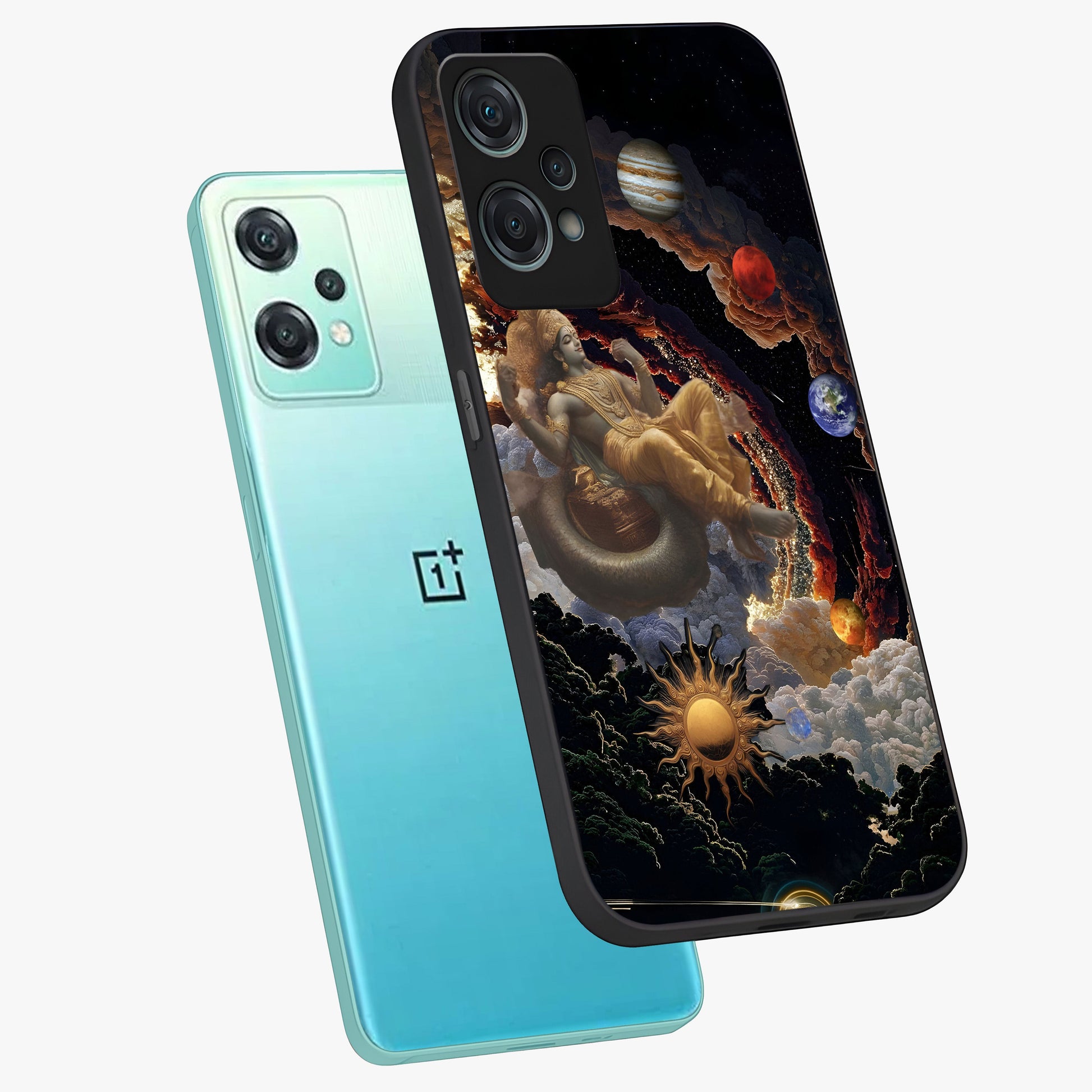 Galactic Divine God Glass Case for 1+Nord Ce 2 Lite angled mockup showcasing glossy finish and celestial spiritual tones