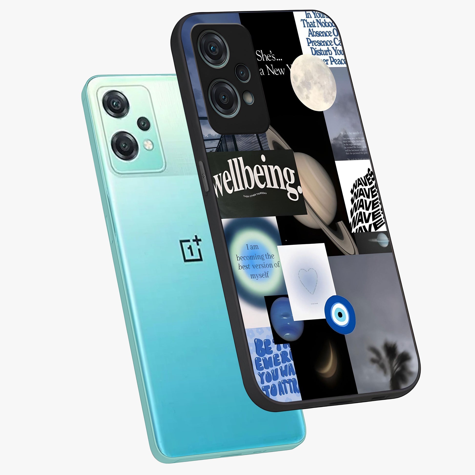 Galactic Energy Collage Glass Case for 1+Nord Ce 2 Lite angled mockup showcasing glossy finish and vibrant space textures