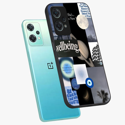 Galactic Energy Collage Glass Case for 1+Nord Ce 2 Lite angled mockup showcasing glossy finish and vibrant space textures