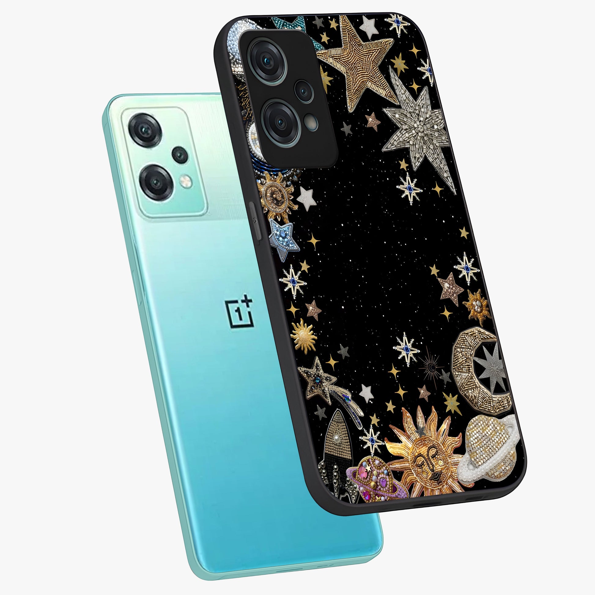 Galactic Jewel Stars Glass Case for 1+Nord Ce 2 Lite angled mockup showcasing glossy finish and radiant cosmic tones