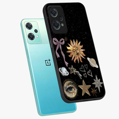 Galactic Sun Charm Glass Case for 1+Nord Ce 2 Lite angled mockup showcasing glossy finish and warm galaxy tones