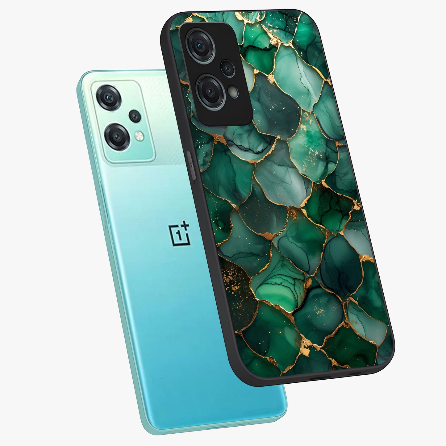 Geometric Polyester Pattern Glass Case for 1+Nord Ce 2 Lite angled mockup showcasing glossy finish and clean structured detailing