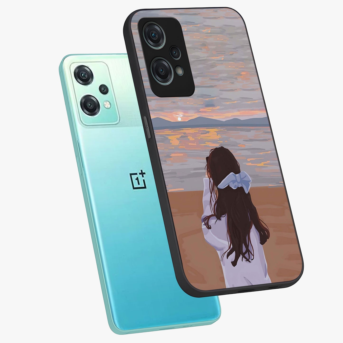 Girl Facing Sunset Beach Glass Case for 1+Nord Ce 2 Lite angled mockup showcasing glossy glass finish and warm beach tones