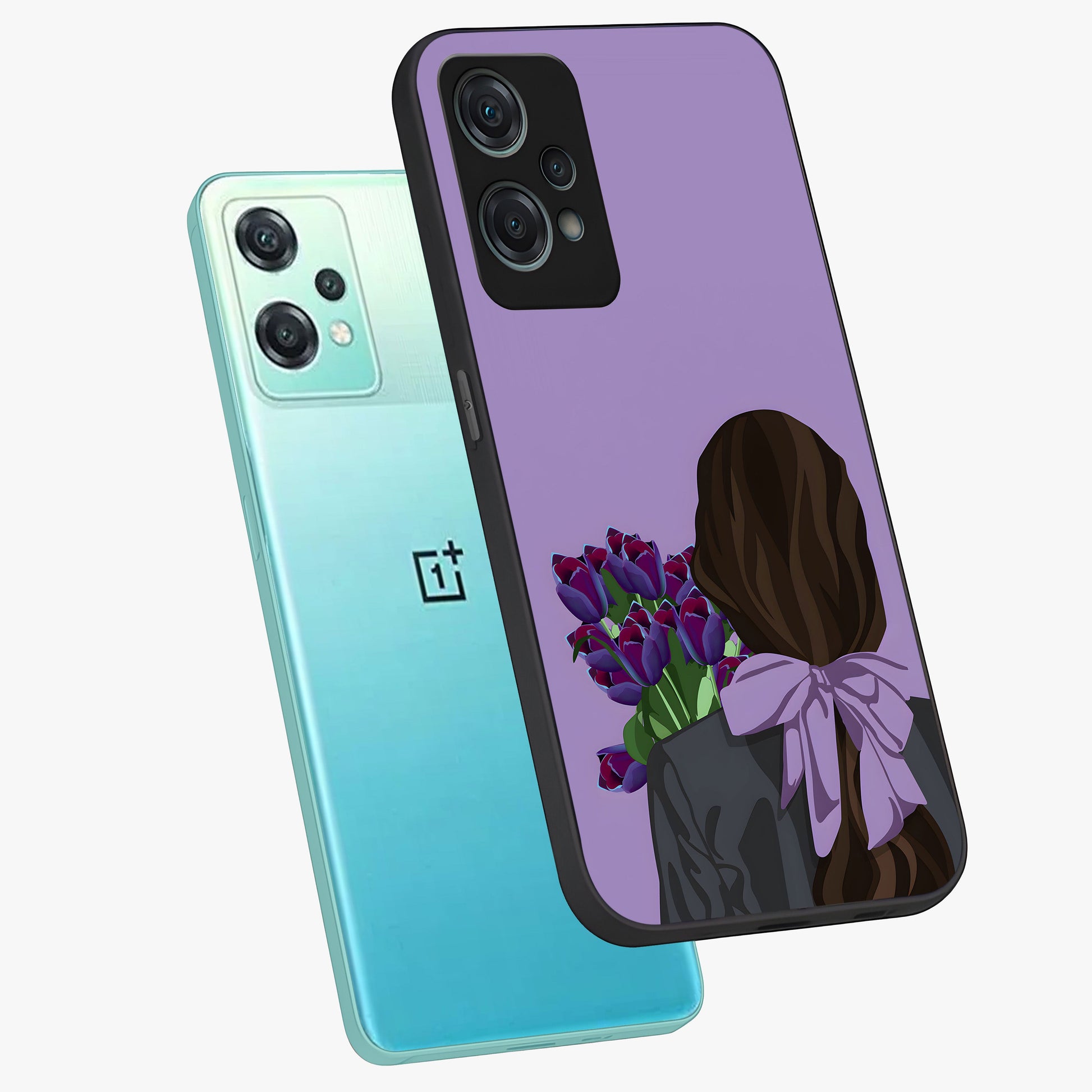 Girl Holding Flowers Glass Case for 1+Nord Ce 2 Lite angled mockup showcasing glossy finish and pastel bloom tones