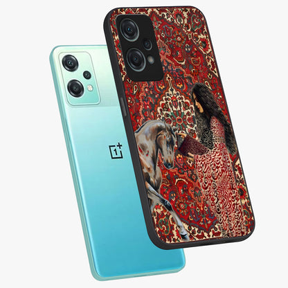 Girl With Horse Glass Case for 1+Nord Ce 2 Lite angled mockup showcasing glossy finish and serene countryside tones