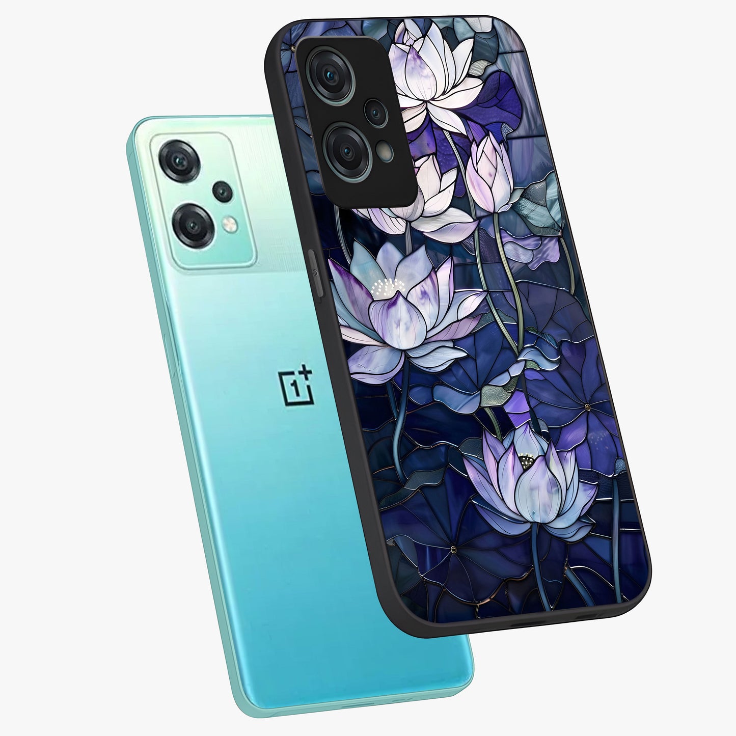 Gloss Petal Rush Glass Case for 1+Nord Ce 2 Lite angled mockup showcasing shiny glass finish and vibrant bloom detailing