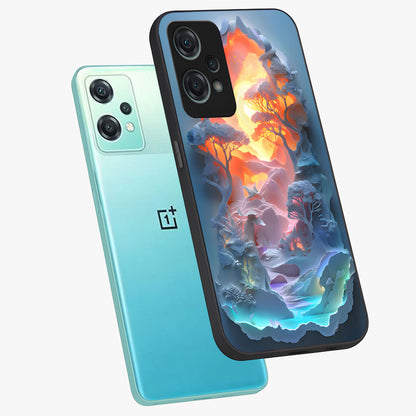 Glow Forest Portal Glass Case for 1+Nord Ce 2 Lite angled mockup showcasing glossy finish and luminous green tones