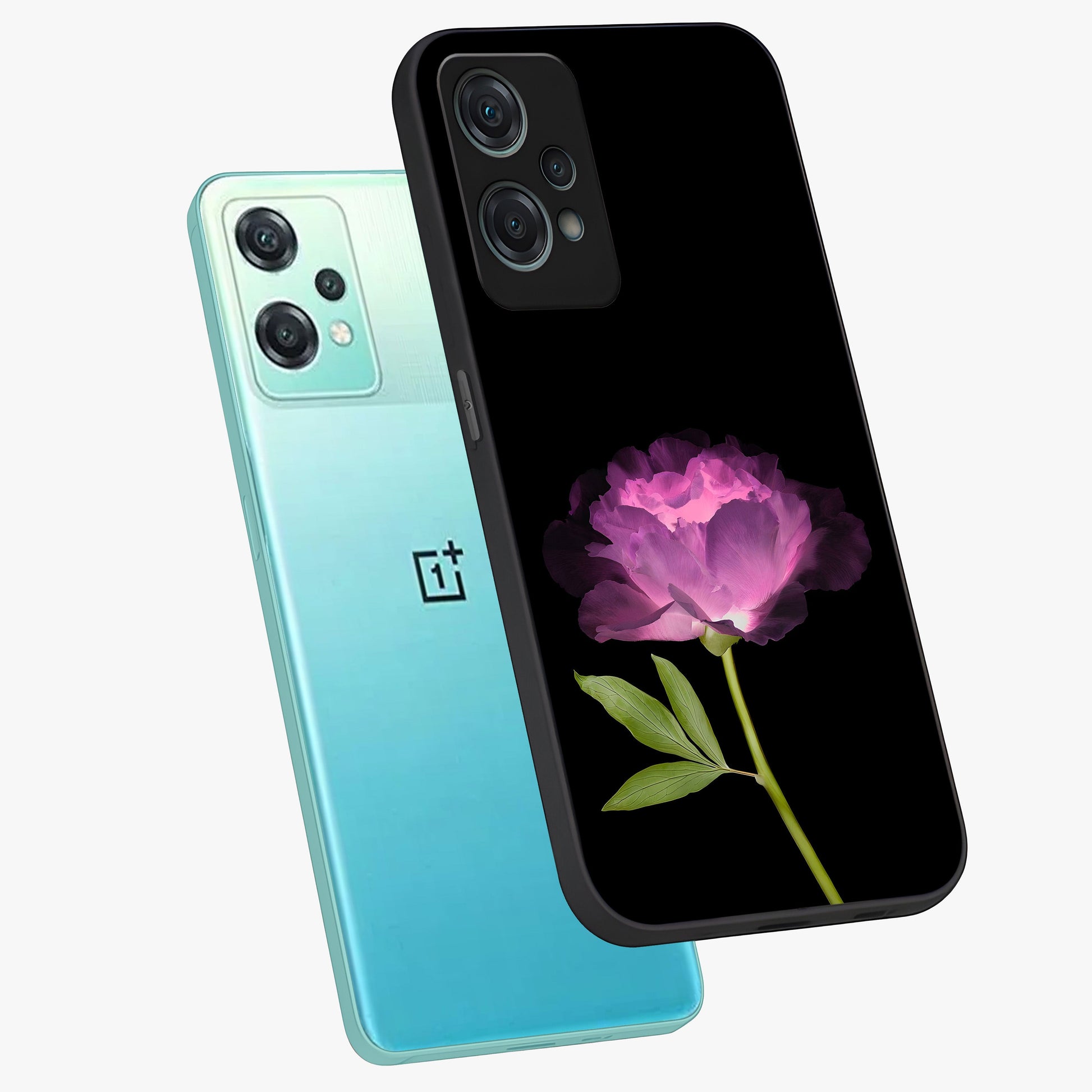 Glow Petal Bloom Glass Case for 1+Nord Ce 2 Lite angled mockup showcasing glossy finish and vibrant petal detailing