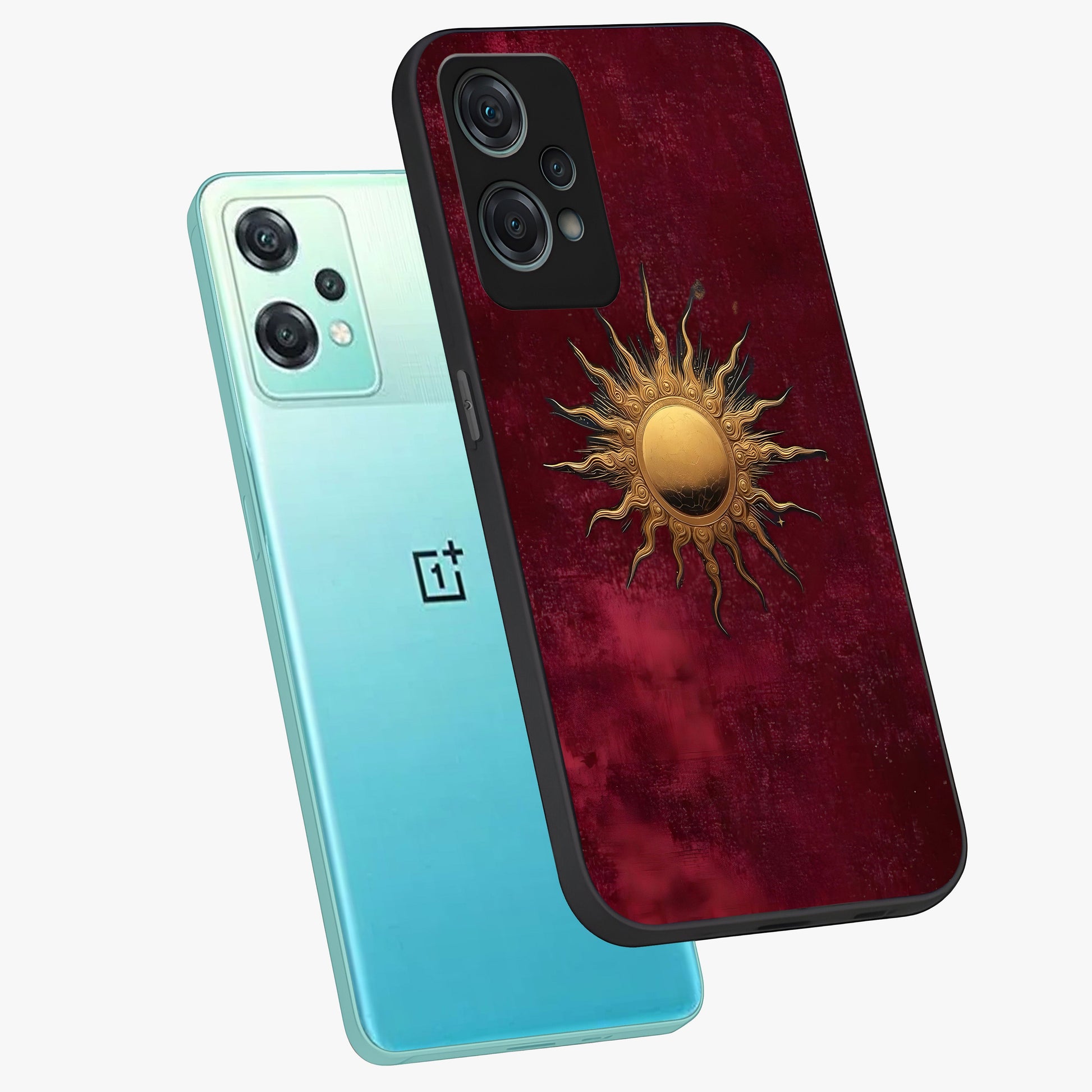 Gold Sun Blush Glass Case for 1+Nord Ce 2 Lite angled mockup showcasing glossy finish and soft blush tones