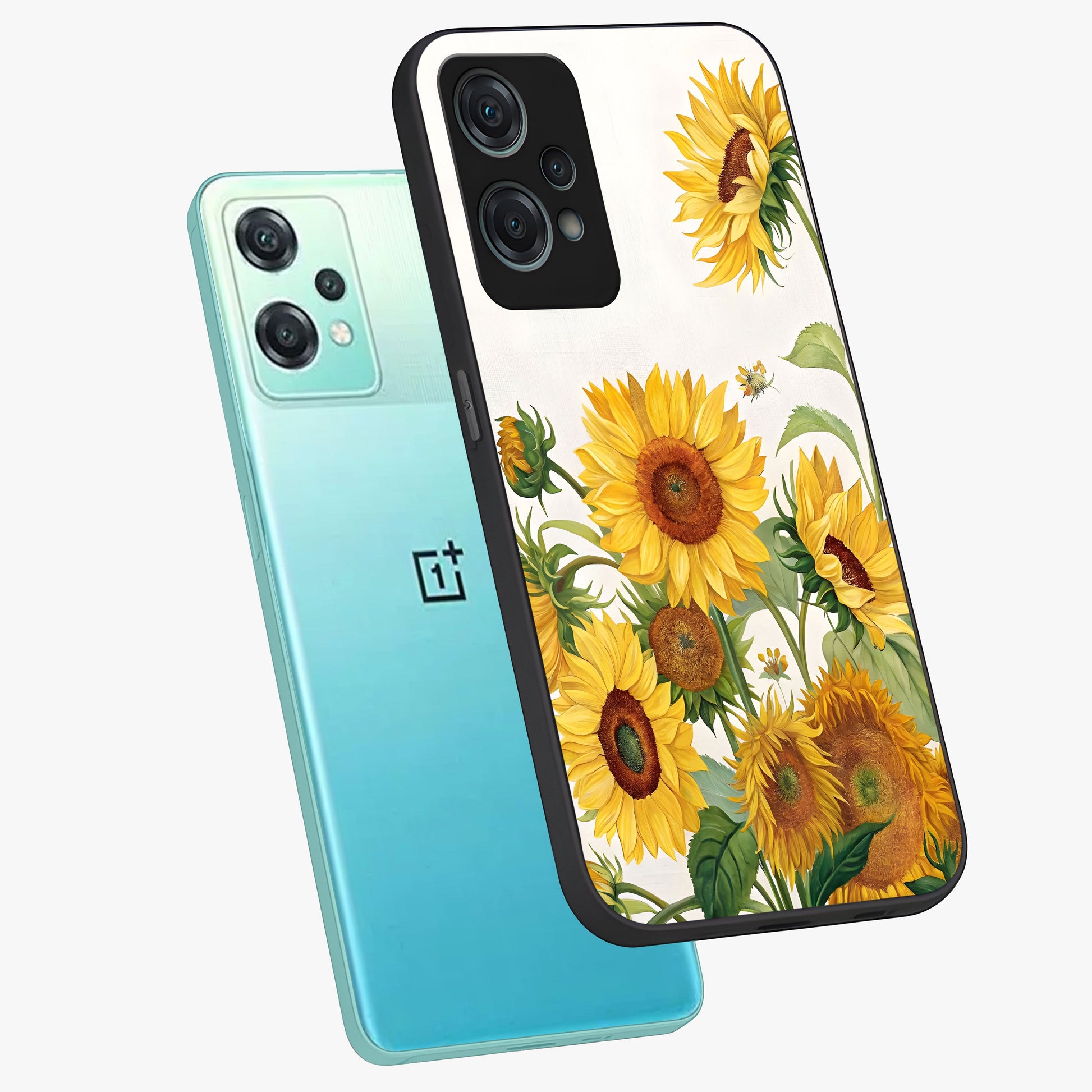 Golden Bloom Fields Glass Case for 1+Nord Ce 2 Lite angled mockup showcasing glossy finish and warm golden gradients