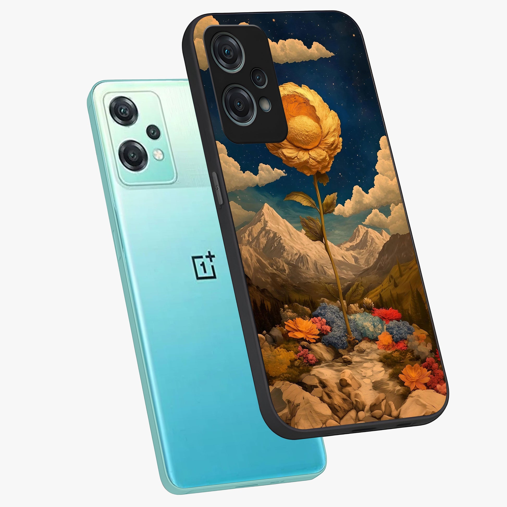 Golden Bloom Night Glass Case for 1+Nord Ce 2 Lite angled mockup showcasing glossy glass finish and rich night tones