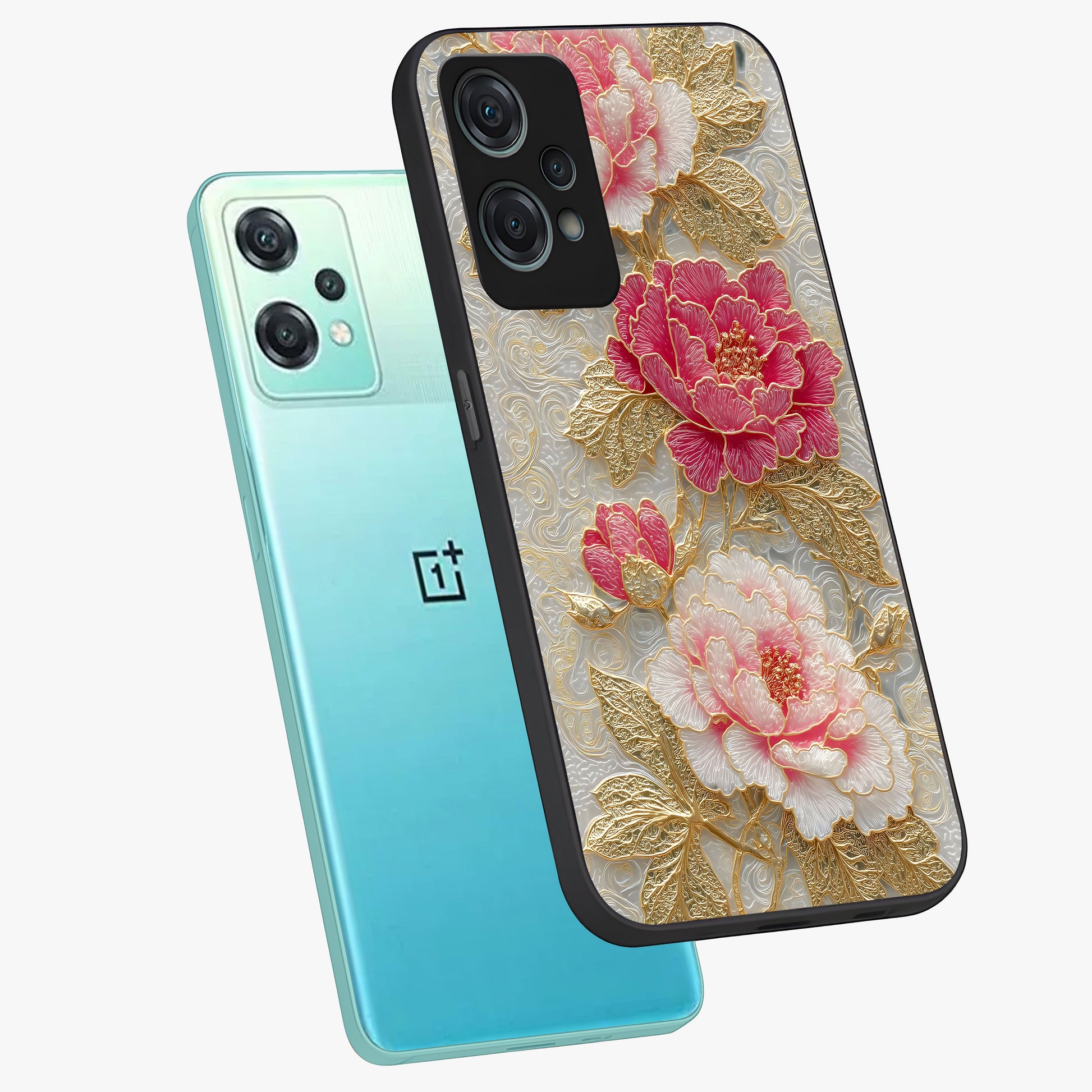 Golden Blossom Elegance Glass Case for 1+Nord Ce 2 Lite angled mockup showcasing glossy finish and luxurious bloom tones