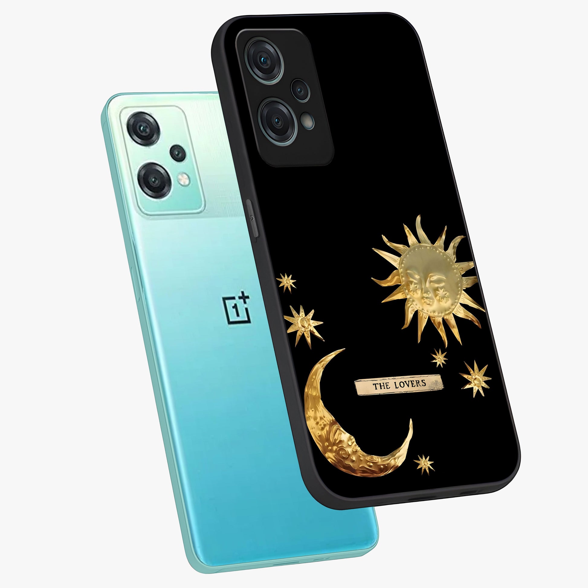 Golden Celestial Charm Glass Case for 1+Nord Ce 2 Lite angled mockup showcasing glossy finish and shimmering cosmic tones