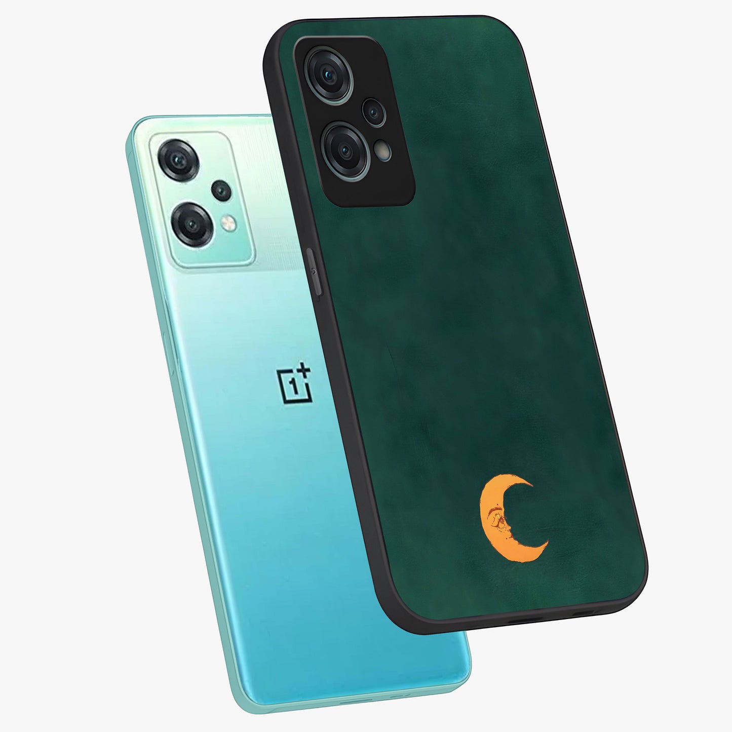 Golden Crescent Mood Glass Case for 1+Nord Ce 2 Lite angled mockup showcasing glossy finish and subtle night gradients