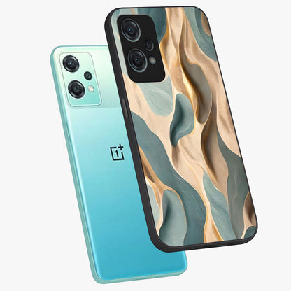 Golden Dune Waves Glass Case for 1+Nord Ce 2 Lite angled mockup showcasing glossy finish and smooth wave textures