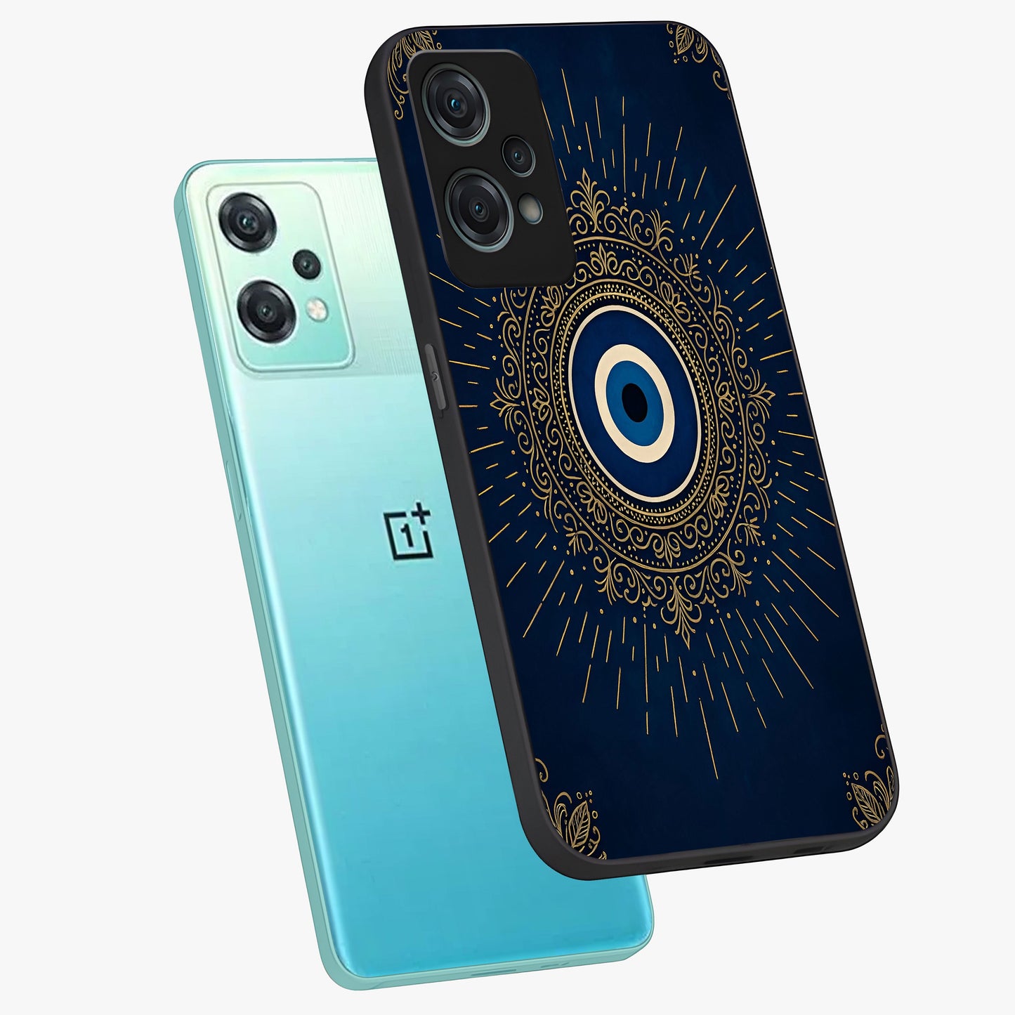 Golden Evil Eye Mandala Glass Case for 1+Nord Ce 2 Lite angled mockup showcasing glossy finish and detailed ornamental design